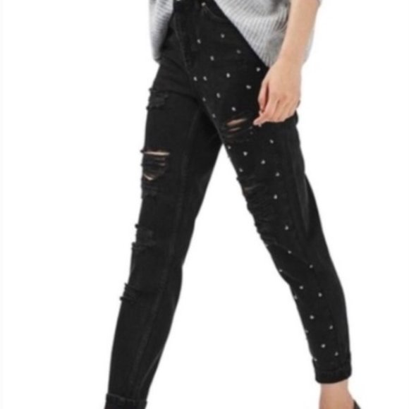 Topshop Denim - TopShop Moto Mom Black Distressed Studded Jeans